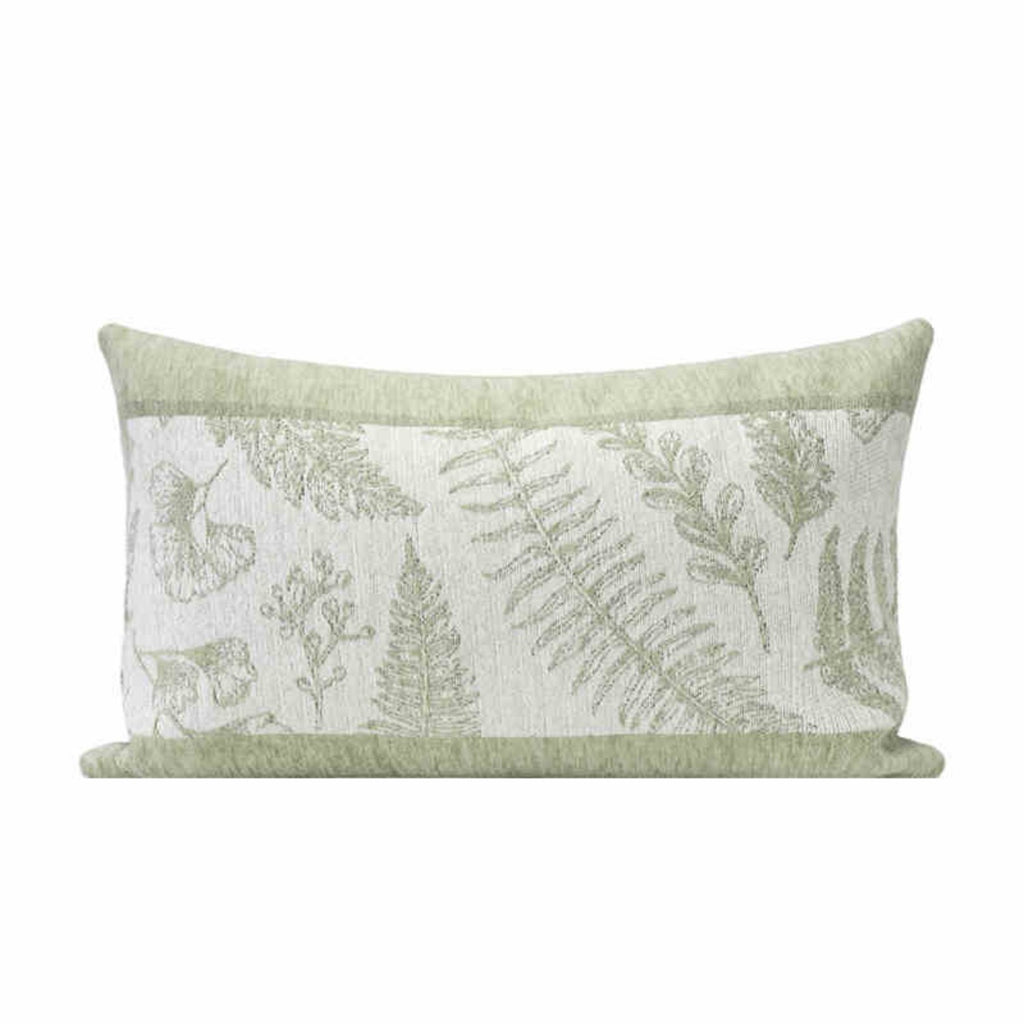Sage green fern chenille lumbar pillow cover on a plain white background