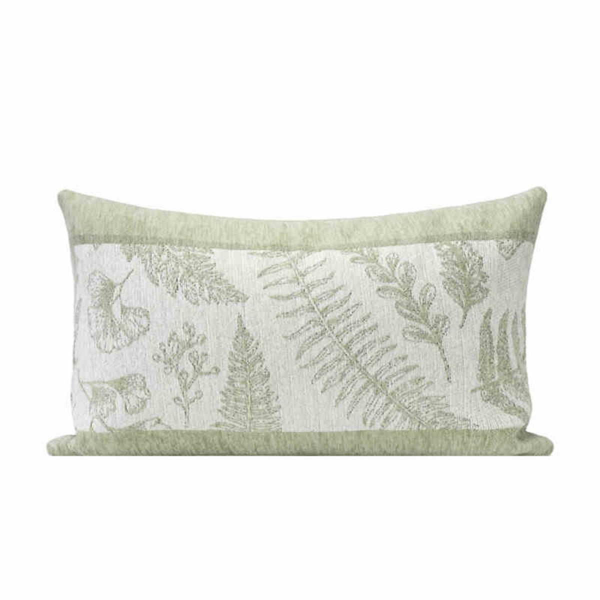 Sage green fern chenille lumbar pillow cover on a plain white background
