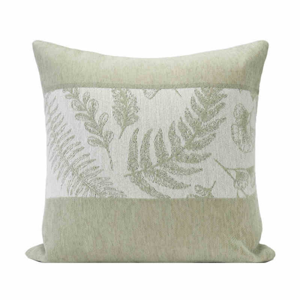 Botanical fern chenille pillow cover in sage green, square, on a plain white background