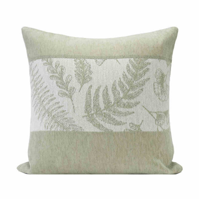 Botanical fern chenille pillow cover in sage green, square, on a plain white background