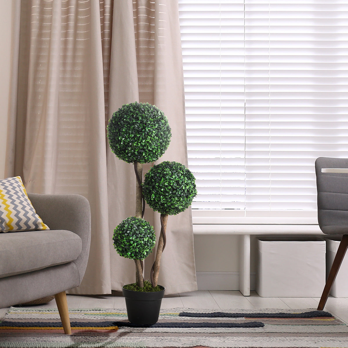 Artificial Boxwood Tree, Indoor Outdoor Faux Potted Plant, Dark Green, for Living Room Corner — detail view 2