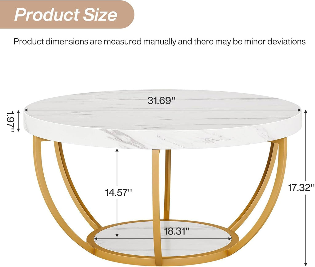Round Faux Marble Coffee Table with Gold Base, 31.5 in