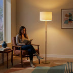 Brass Metal Tube Floor Lamp, Rattan Details, White Linen Shade, Gold Finish