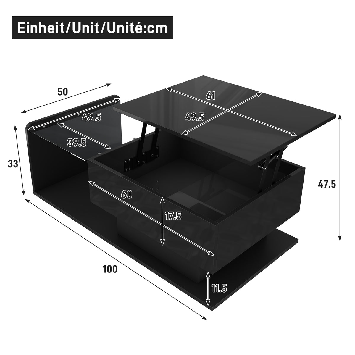 High-Gloss LED Coffee Table with Glass Top, Black