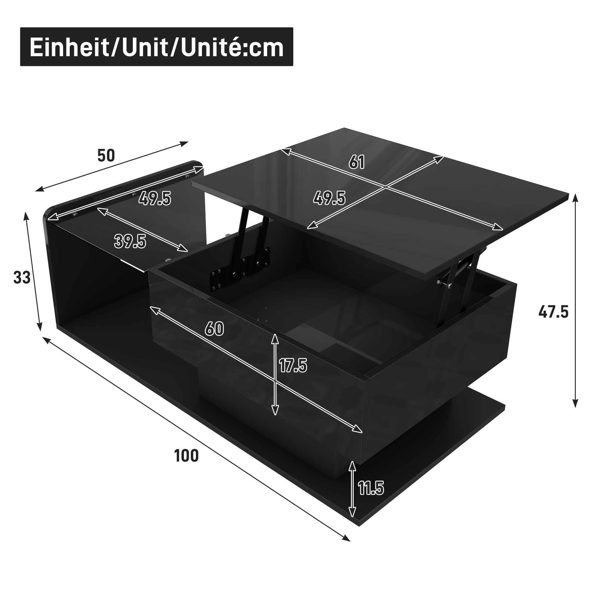 High-Gloss LED Coffee Table with Glass Top, Black