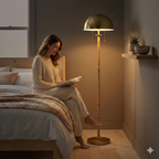 Brass 2-Light Floor Lamp, Natural Rattan Details, Double Pull Chain, Gold Finish