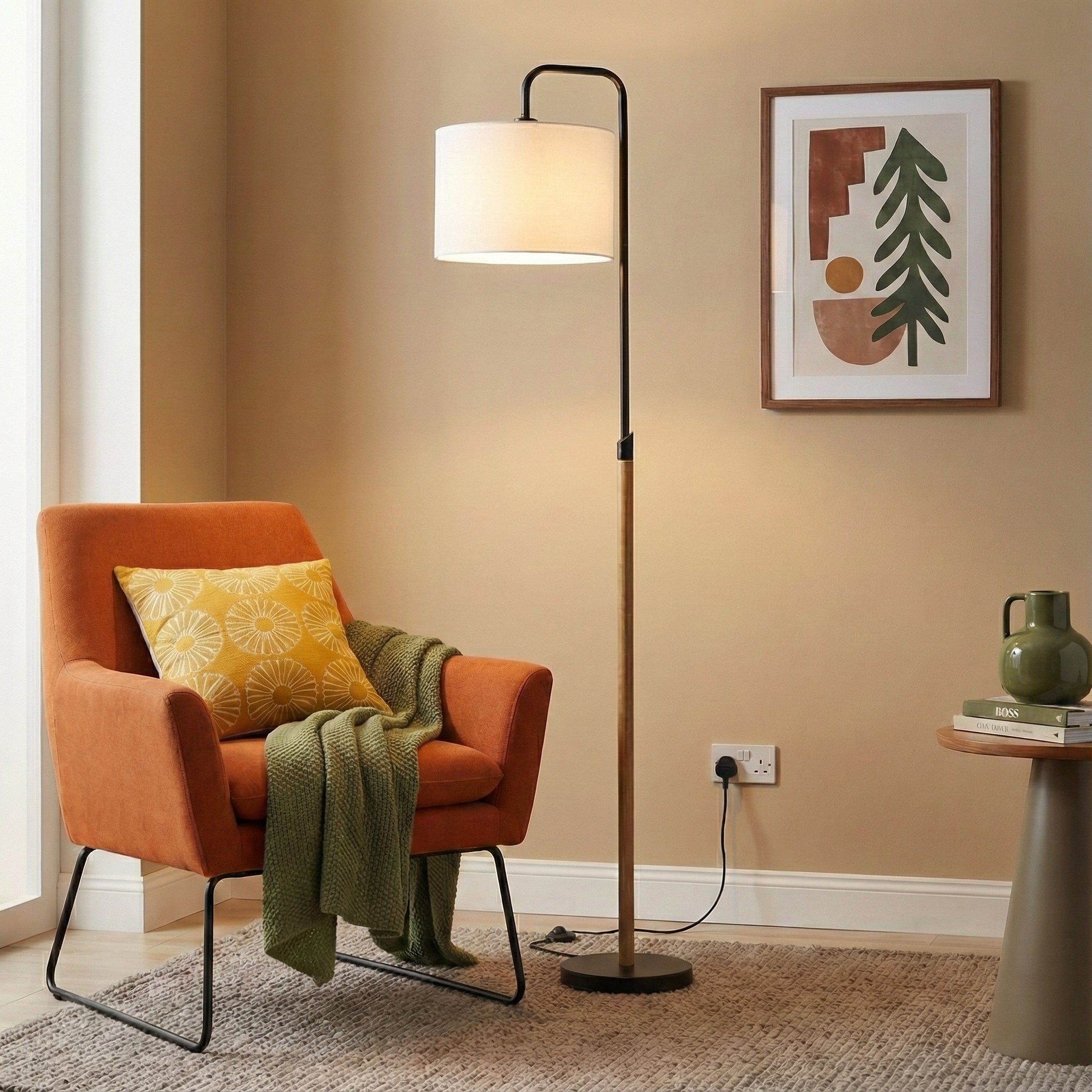 Curved Arc Floor Lamp, Cylinder Shade, Black Finish