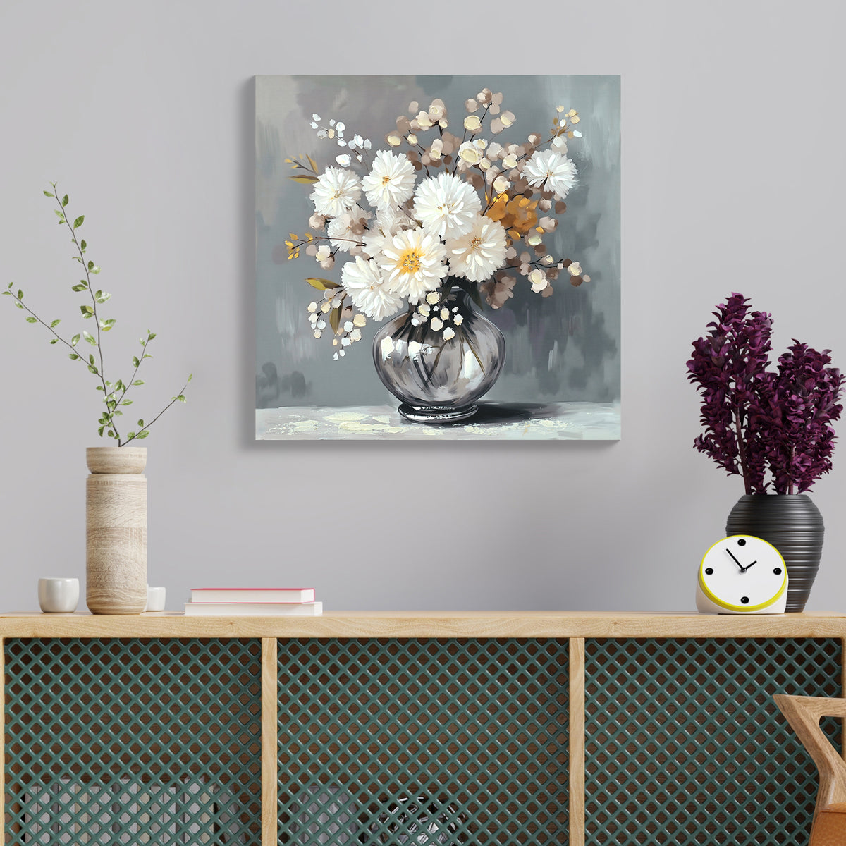 Chrysanthemum Vase Canvas Wall Art, Farmhouse Country Decor, White, for Bathroom — detail view