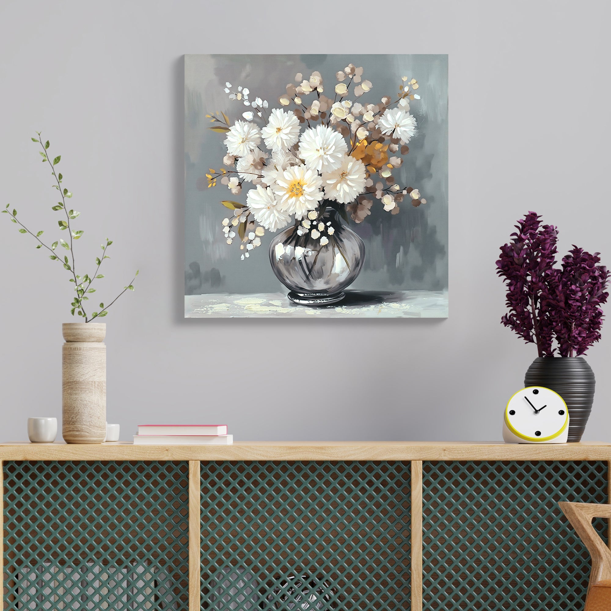 White Chrysanthemum Glass Vase Canvas Wall Art Bathroom Decor Country