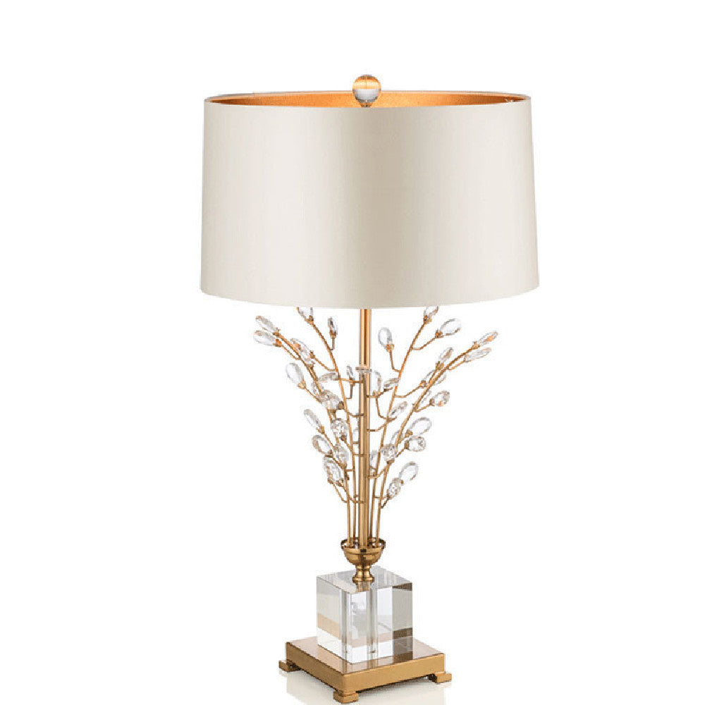 Gold Crystal Branch Table Lamp, White Drum Shade, 30 Inch