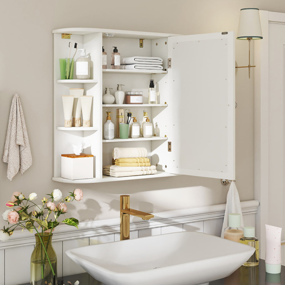 Wall-Mounted Bathroom Mirror Cabinet, Single Door with 4 Internal and 6 Open Shelves, White or Gray — detail view 2