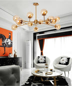 15- or 18-Light Brass-Finish Glass Chandelier, 50 in Wide