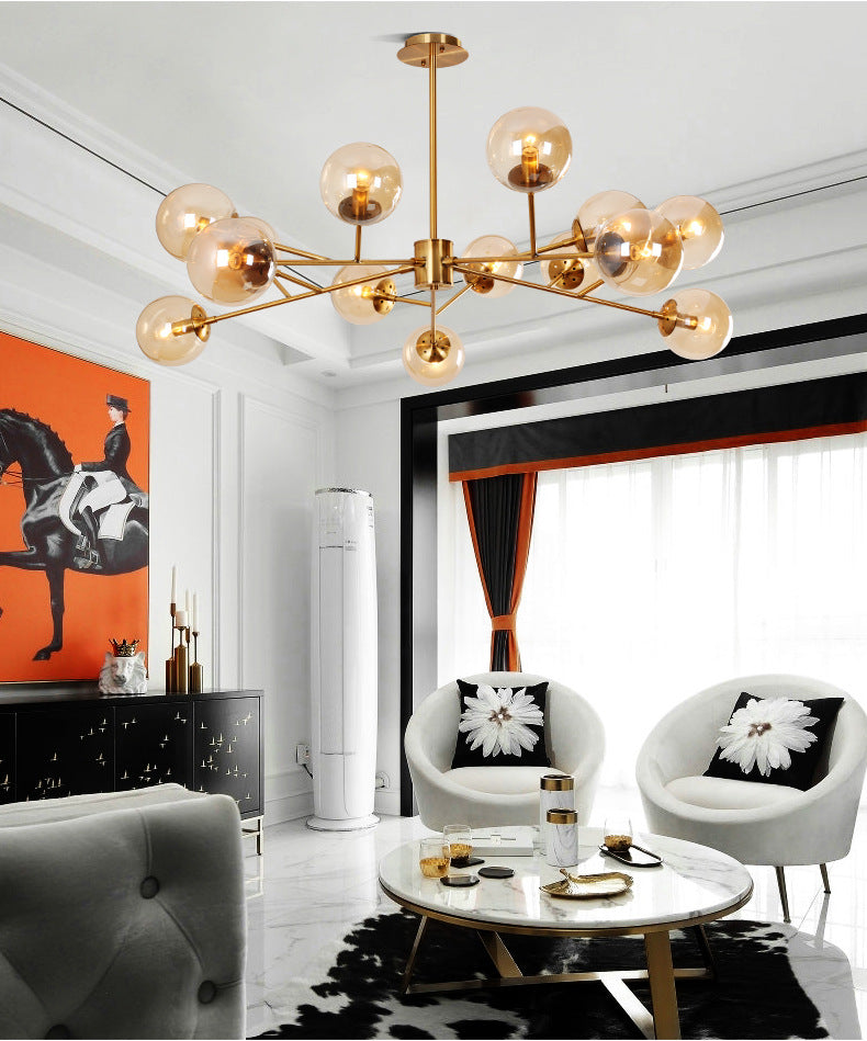 15- or 18-Light Brass-Finish Glass Chandelier, 50 in Wide