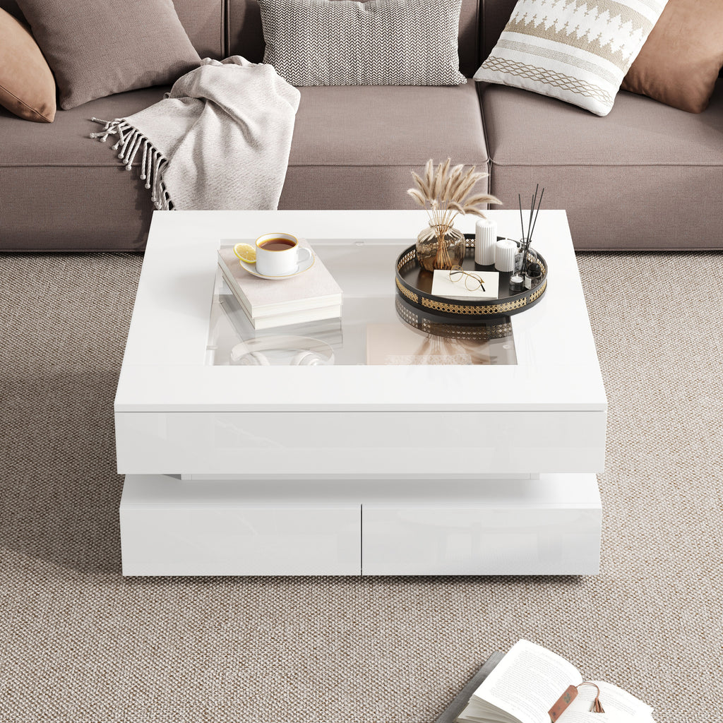 Geometric Glass-Top LED Coffee Table with 3 Drawers, White