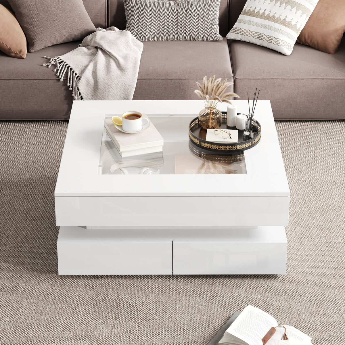 Geometric Glass-Top LED Coffee Table with 3 Drawers, White