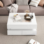 Geometric Glass-Top LED Coffee Table with 3 Drawers, White