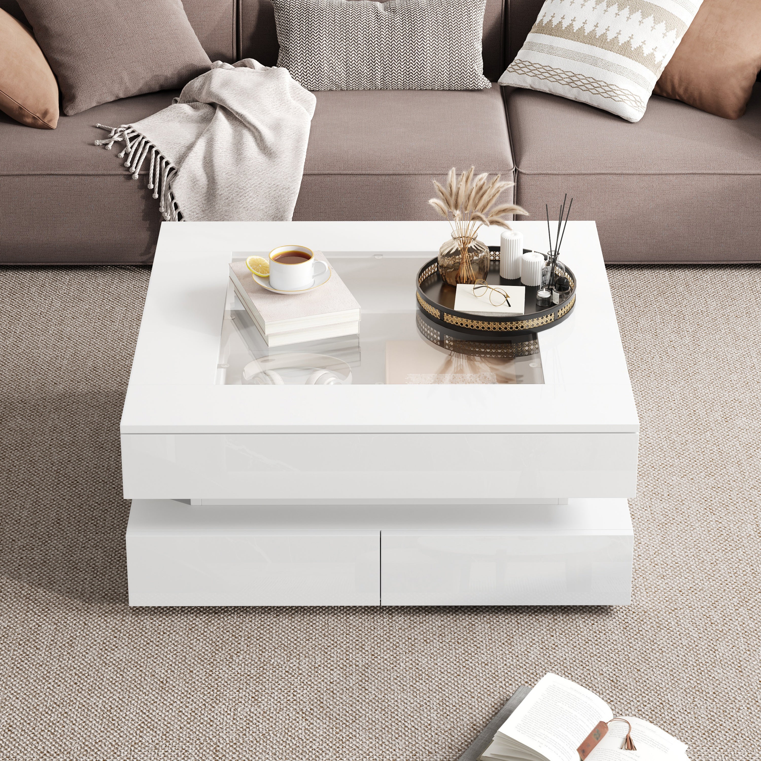 Geometric Glass-Top LED Coffee Table with 3 Drawers, White
