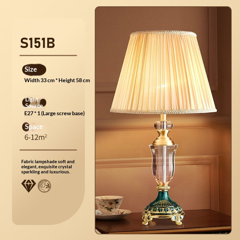 French Crystal Table Lamp, Pleated Shade, Enamel Brass Base