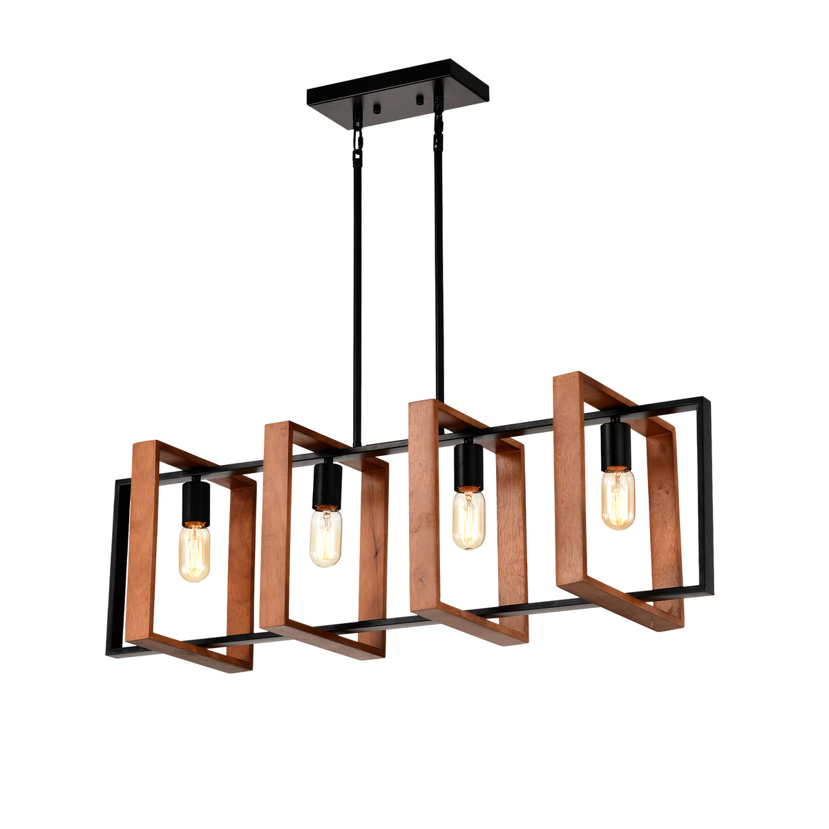 Rustic Wood & Black 4-Light Farmhouse Pendant Light, Kitchen Island Fixture — detail view 5