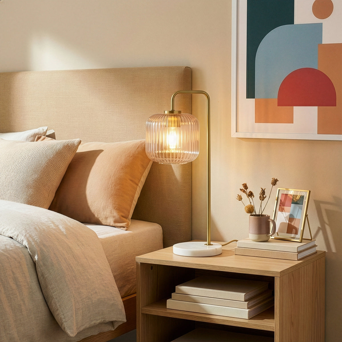 Clear Glass Table Lamp with Brushed Gold Metal and Marble Base, Button Control, 23 in. — detail view 3