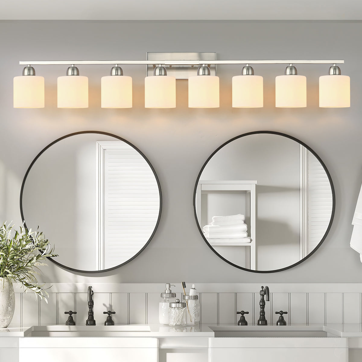 8-Light Bathroom Vanity Light, Nickel Finish, Milky White Glass Shades for Bathroom Mirror — detail view 2
