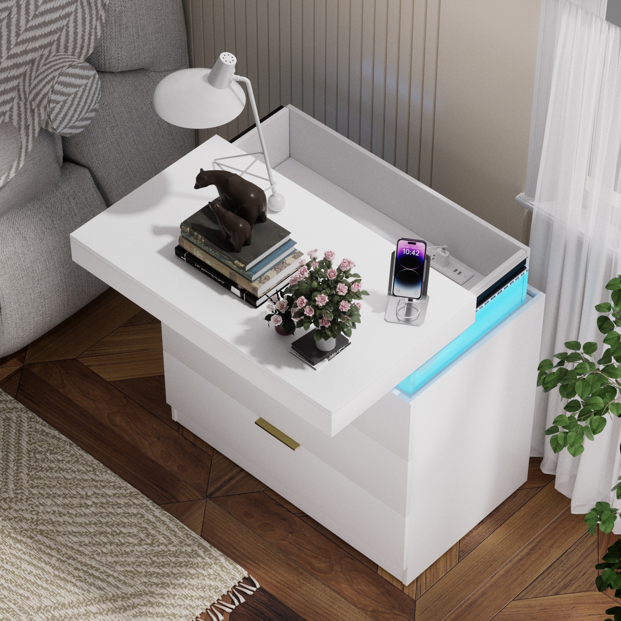 LED Nightstand with Charging Station and Sliding Top, White