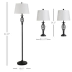 Vintage Metal Table & Floor Lamp Set, White Fabric Shade, Set of 3