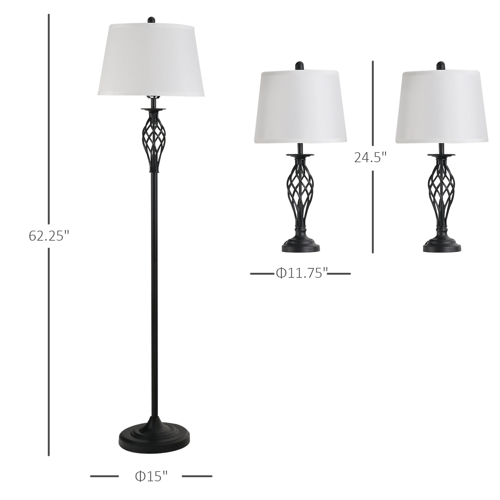 Vintage Metal Table & Floor Lamp Set, White Fabric Shade, Set of 3