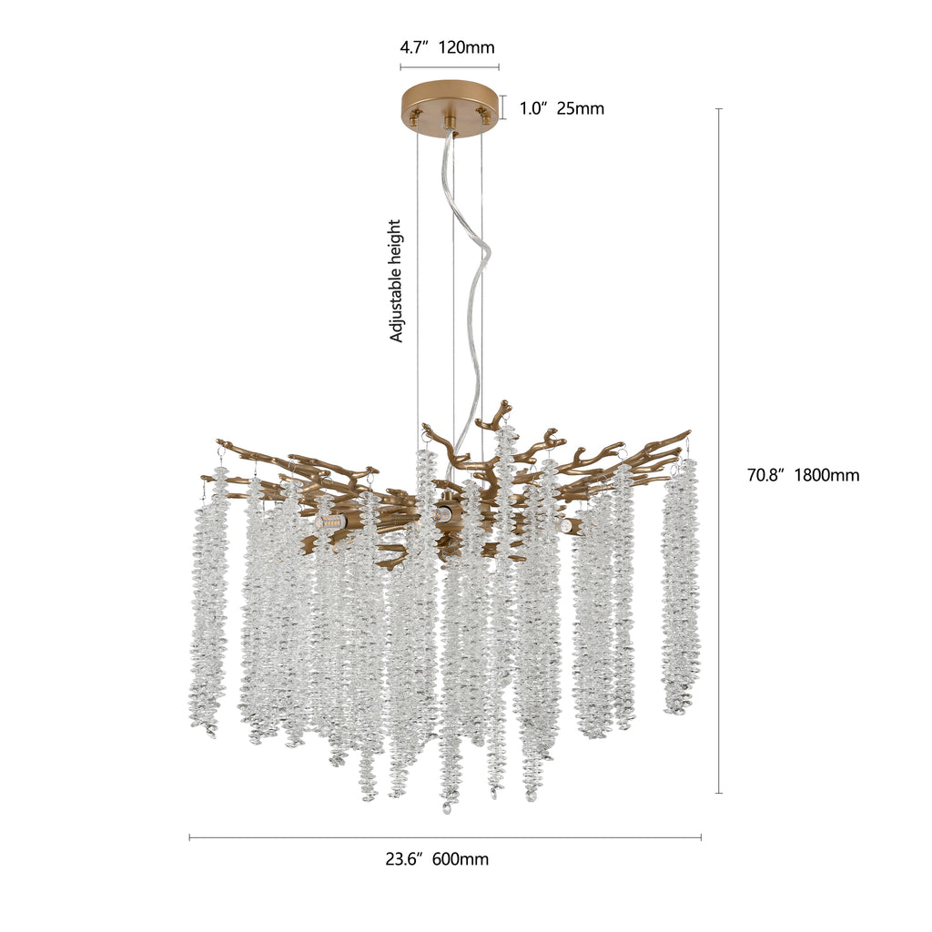Gold Crystal Pendant Light with Cascading Strands, 24 Inch