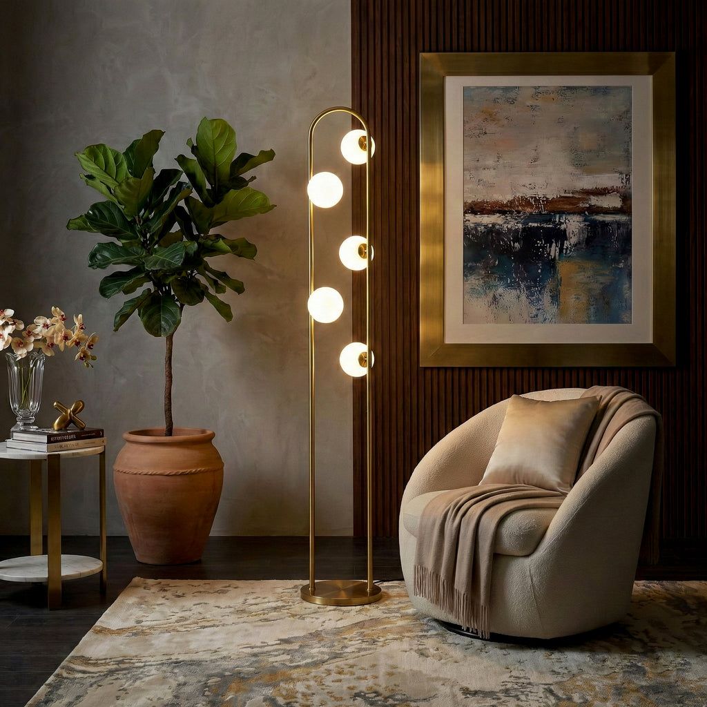 Modern Tall Corner Floor Lamp, White Drum Shade, Gold & White Finish