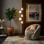 Modern Tall Corner Floor Lamp, White Drum Shade, Gold & White Finish