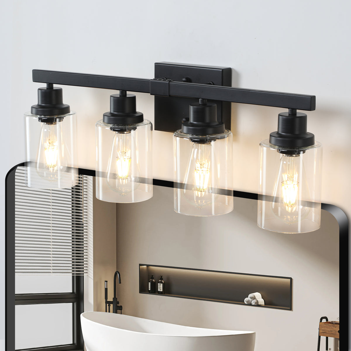 Modern Farmhouse 4-Light Bathroom Vanity Light, 24 in. Bar, Black for Bathroom Mirror — detail view 3