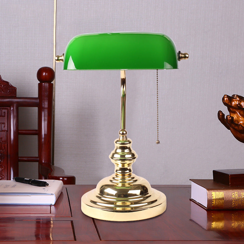 Vintage Banker's Table Lamp with Green Glass Shade, Antique Brass, for Home Office Desk — detail view 2