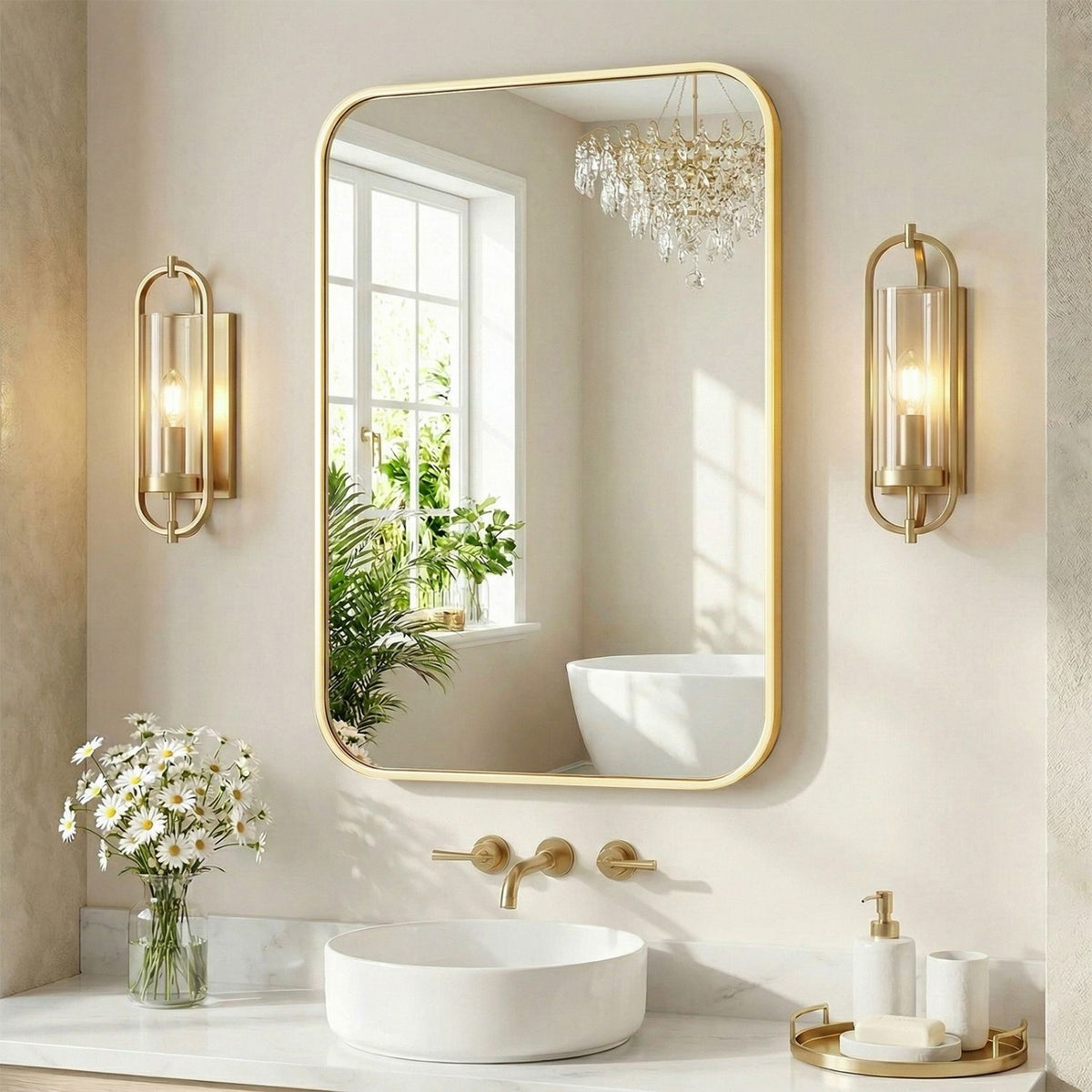 Rectangular Metal Frame Wall Mirror, Thin Border, Black or Gold, Multiple Sizes for Bathroom — detail view