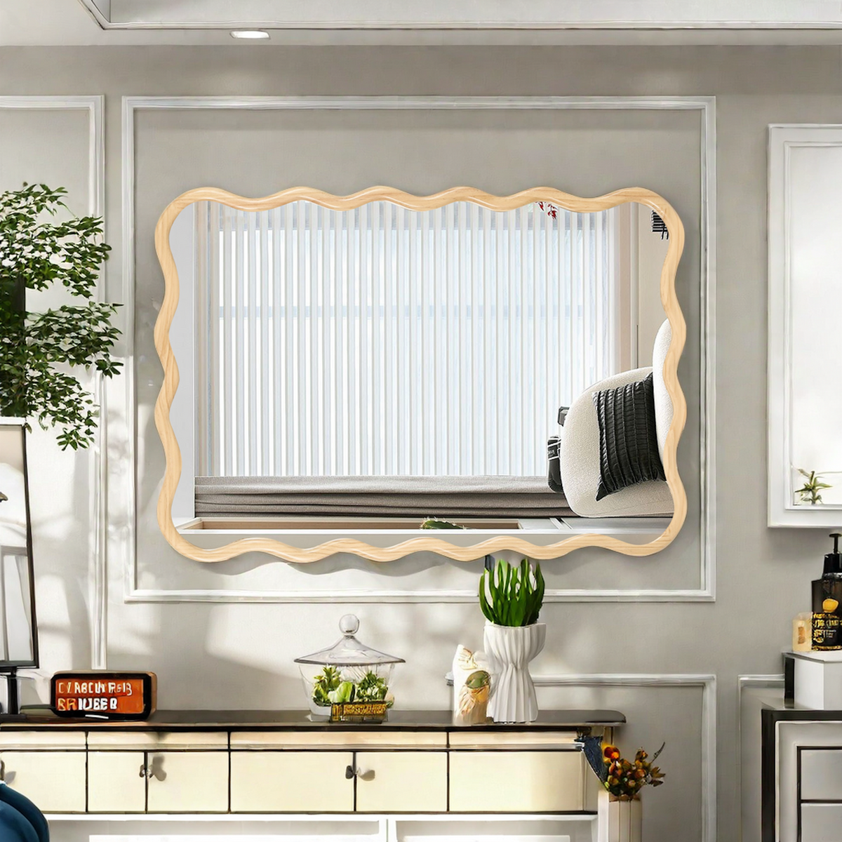 Solid Wood Wavy Rectangle Wall Mirror, 40 x 28 in. Modern, Natural Wood for Entryway — detail view