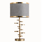 Gold Stacked Disc Table Lamp, White Drum Shade with Gold Trim