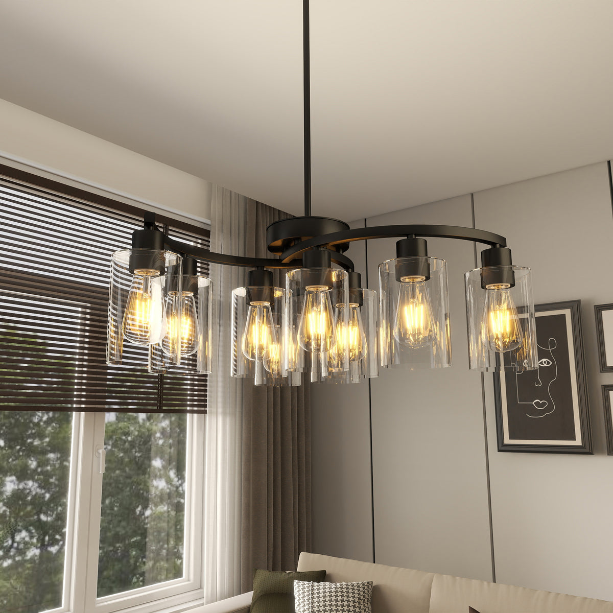 9-Light Black Iron Chandelier with Clear Glass Shades, 30 in