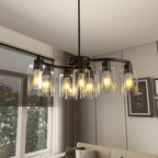 9-Light Black Iron Chandelier with Clear Glass Shades, 30 in