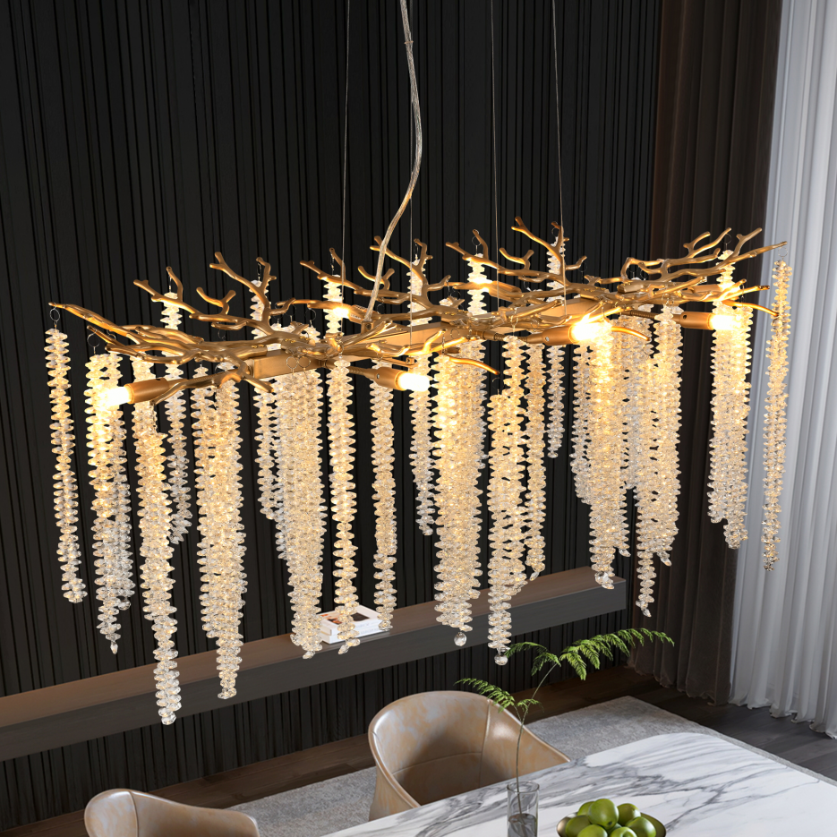Cascading Crystal Pendant Light, 39 In. Gold Iron Frame