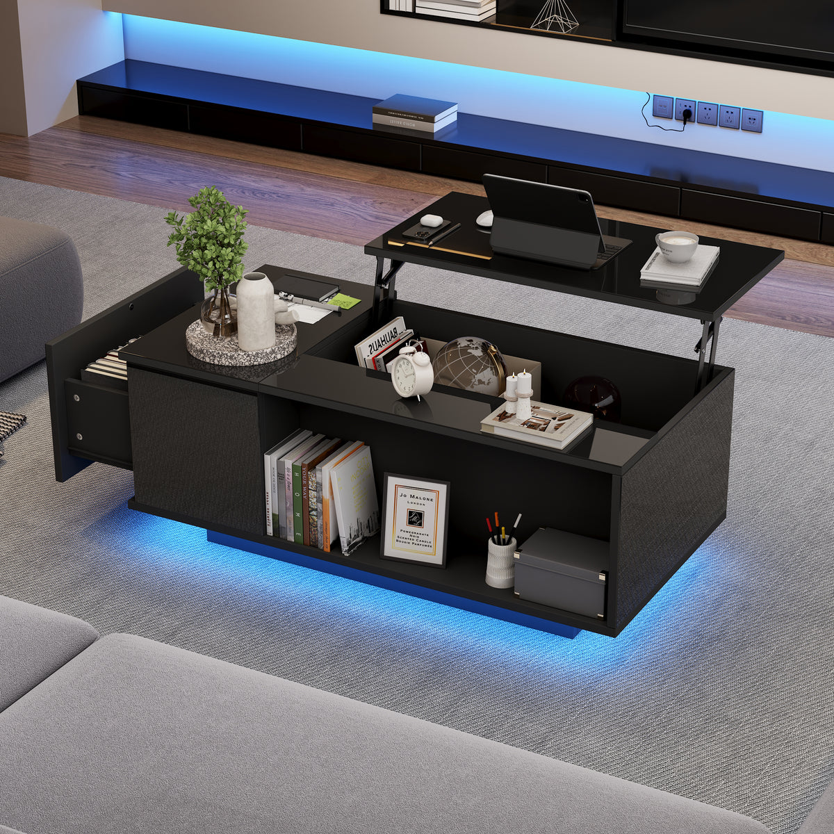 Height-Adjustable Coffee Table with Hidden Storage, Matte Black