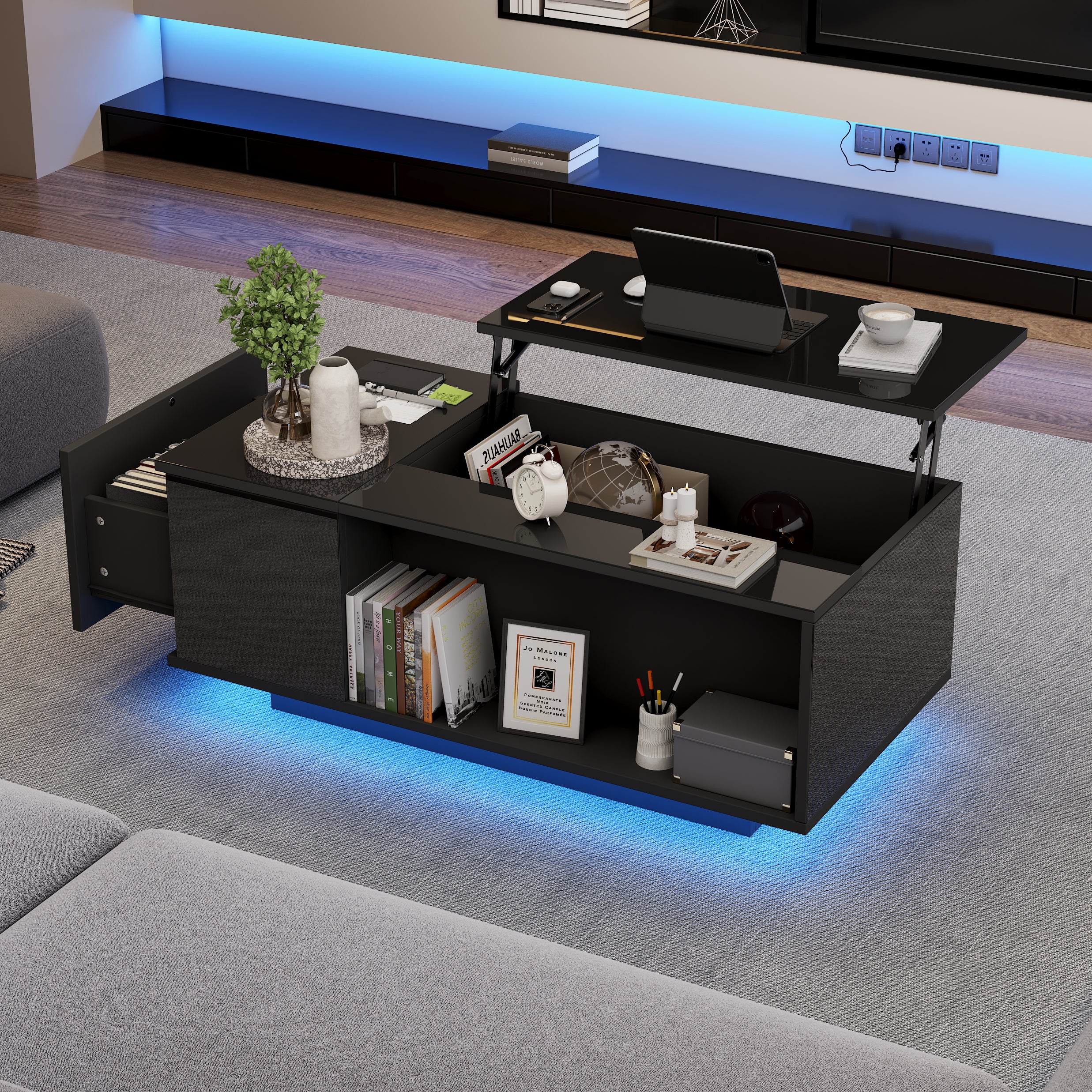 Height-Adjustable Coffee Table with Hidden Storage, Matte Black