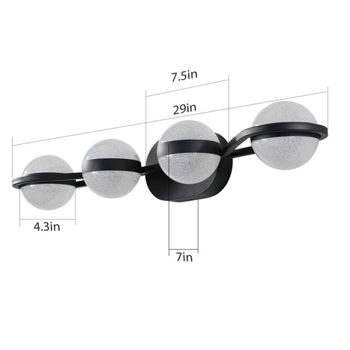 30in Black Minimalist LED Bathroom Vanity Light With Crystal Sand Acry