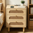 Oak-finish cane nightstand beside a bed, a phone, power strip and potted plant on top, front view