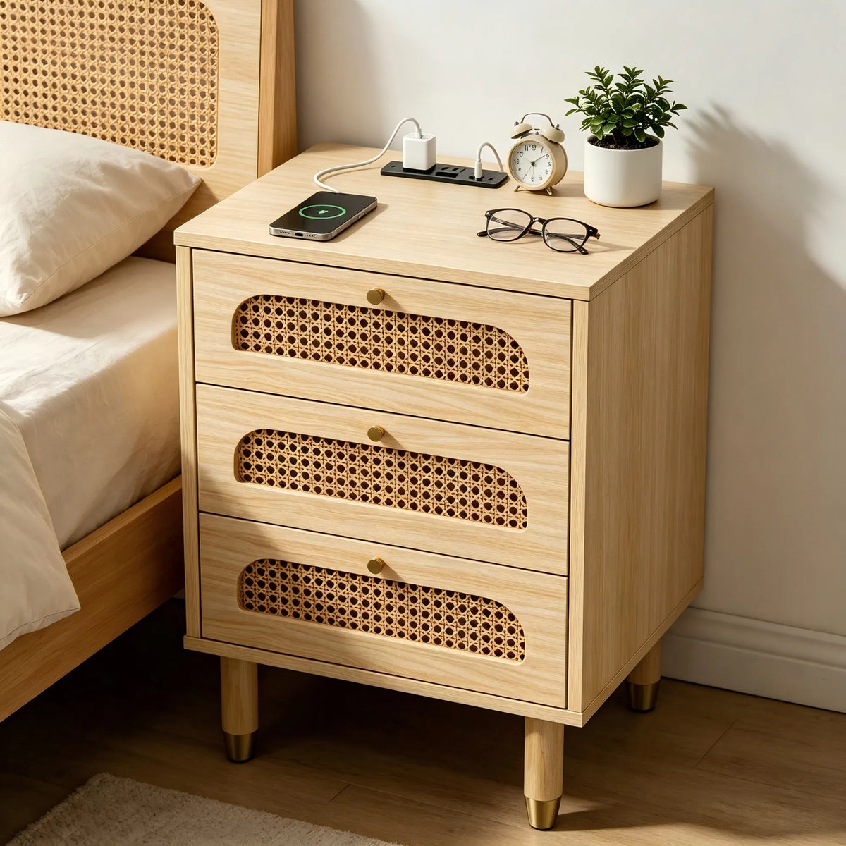 Cane three-drawer nightstand beside a bed with a clock, glasses and a charging phone on top