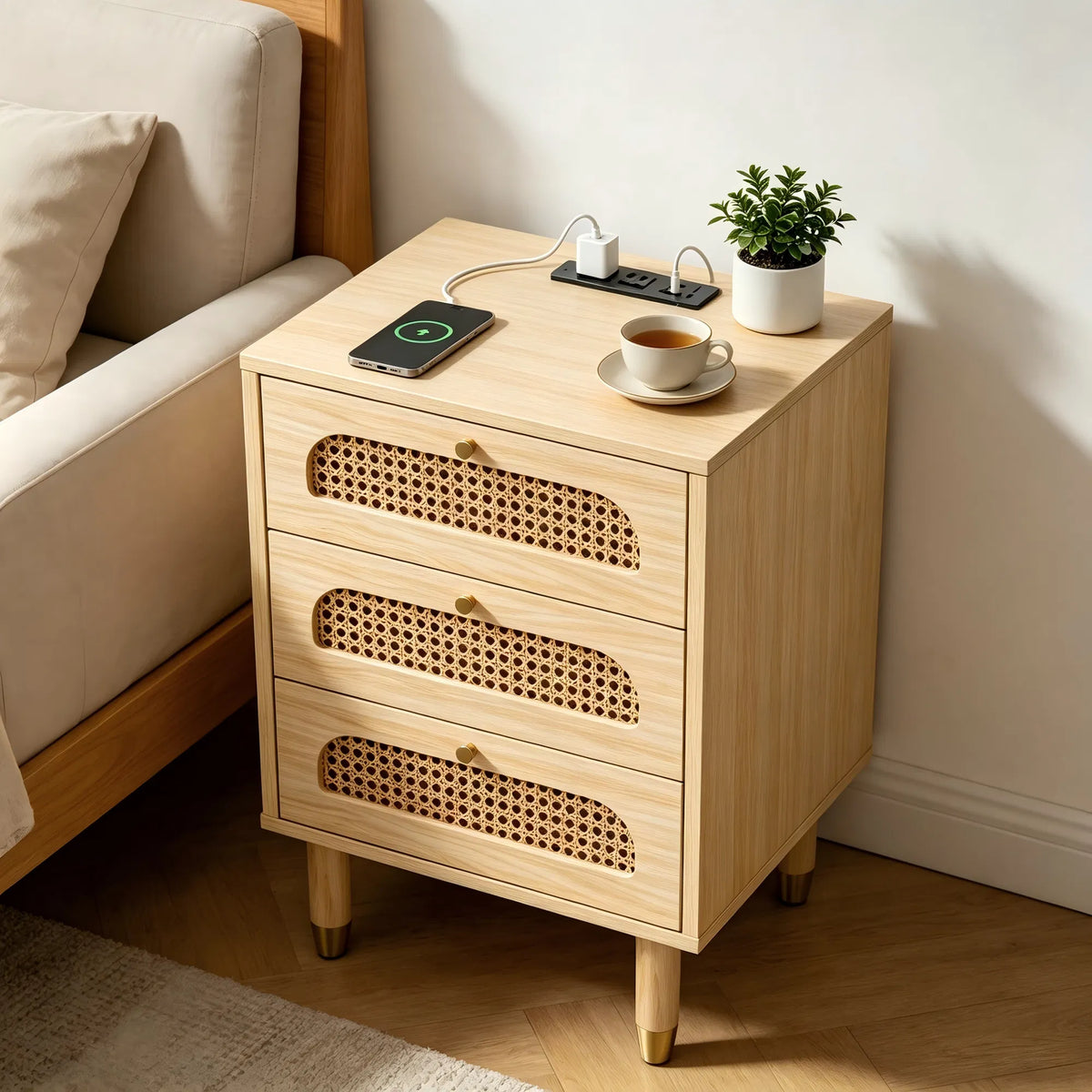 Cane-front nightstand next to a sofa in warm light, with a cup and a plant on the top