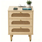 Cane-front nightstand, front view of the three drawers and brass-tone knobs on a plain white background