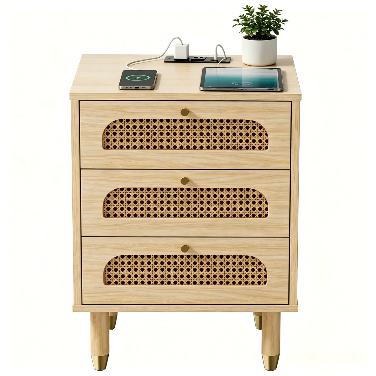 Cane-front nightstand, front view of the three drawers and brass-tone knobs on a plain white background