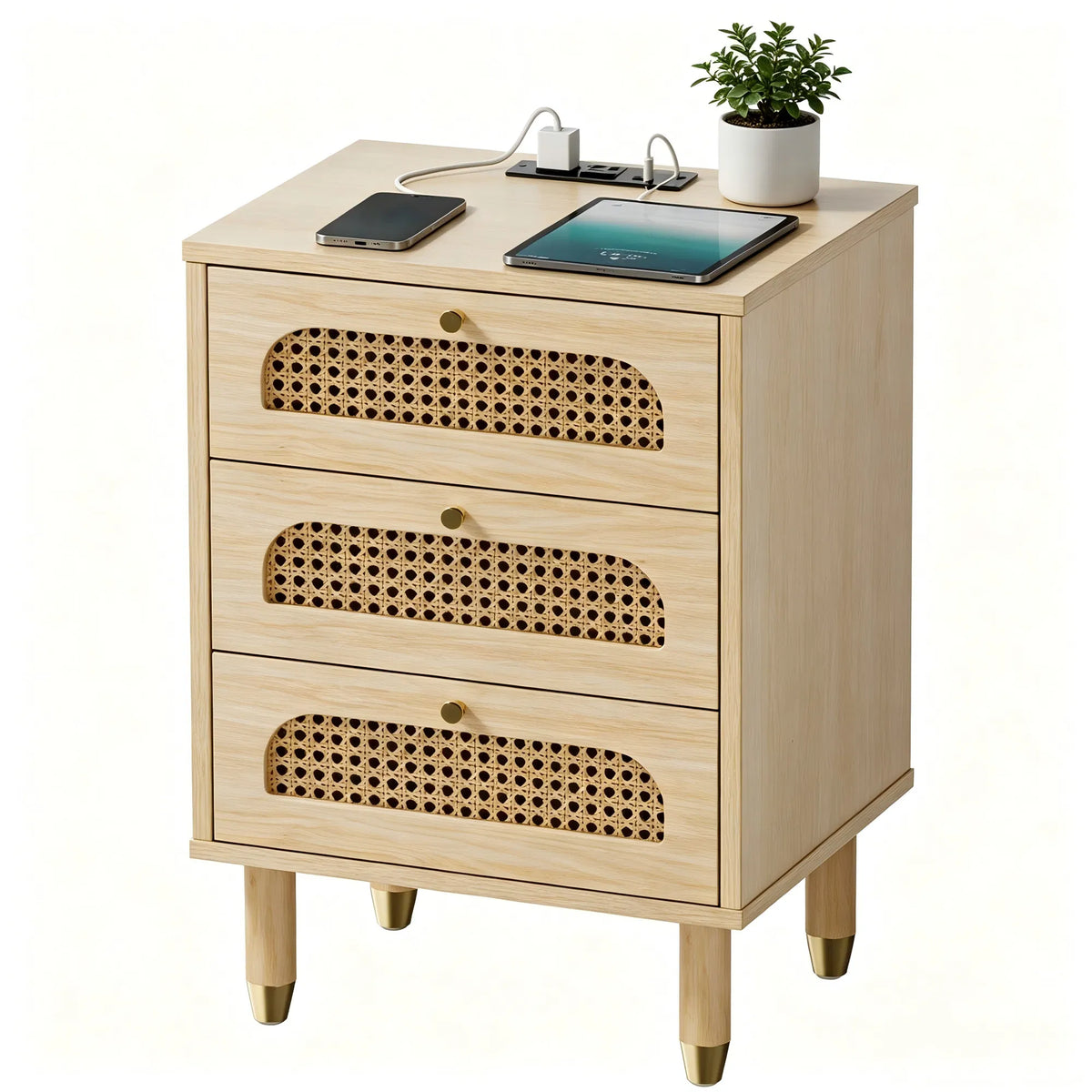 Cane-front three-drawer nightstand in natural oak finish with brass-tone knobs on a plain white background
