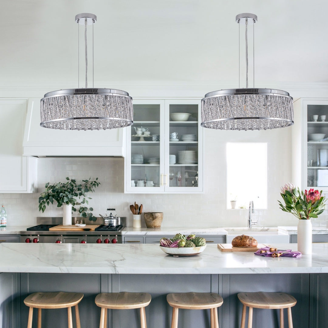 Modern Round Crystal Chandelier, Aluminum & Iron Frame, Chrome Finish, 19 in. — detail view