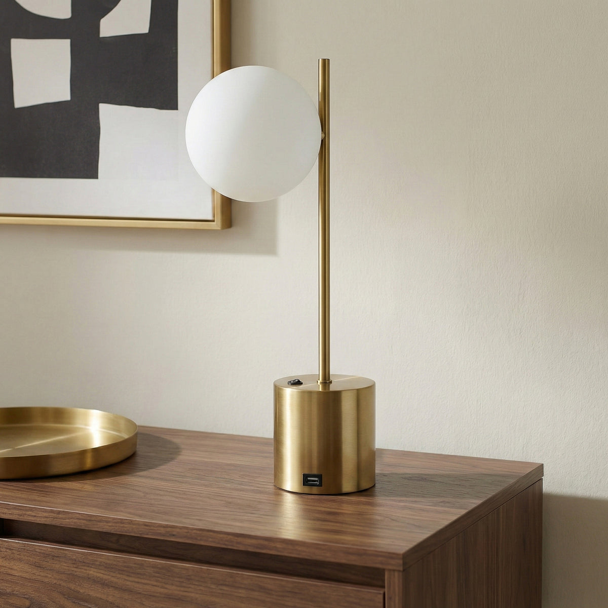 Modern Brass Metal Table Lamp with White Glass Globe Shade, Small — detail view